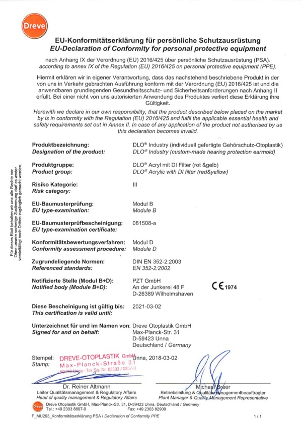 ForSec declaration of conformity for DI Filter hearing protection