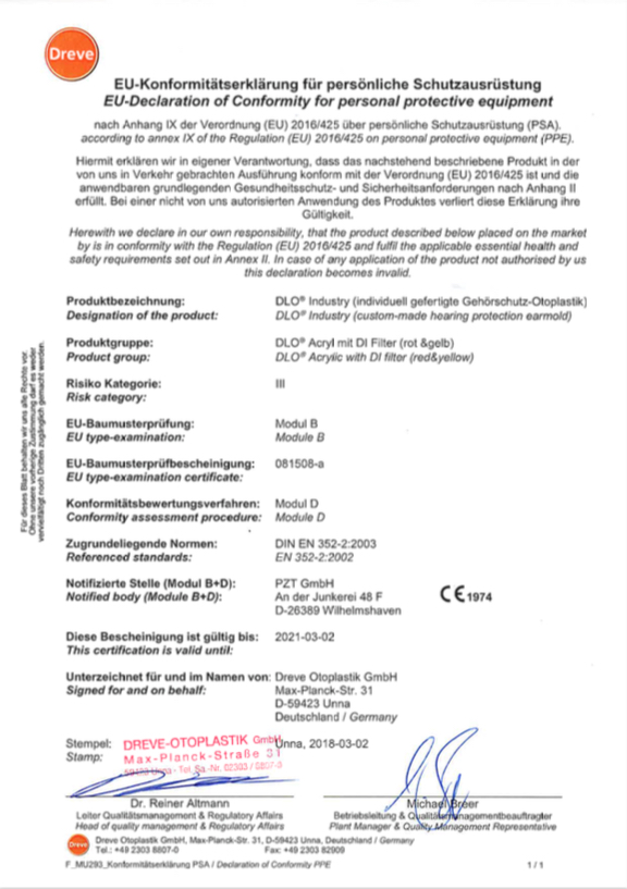 ForSec declaration of conformity for DI Filter earmould