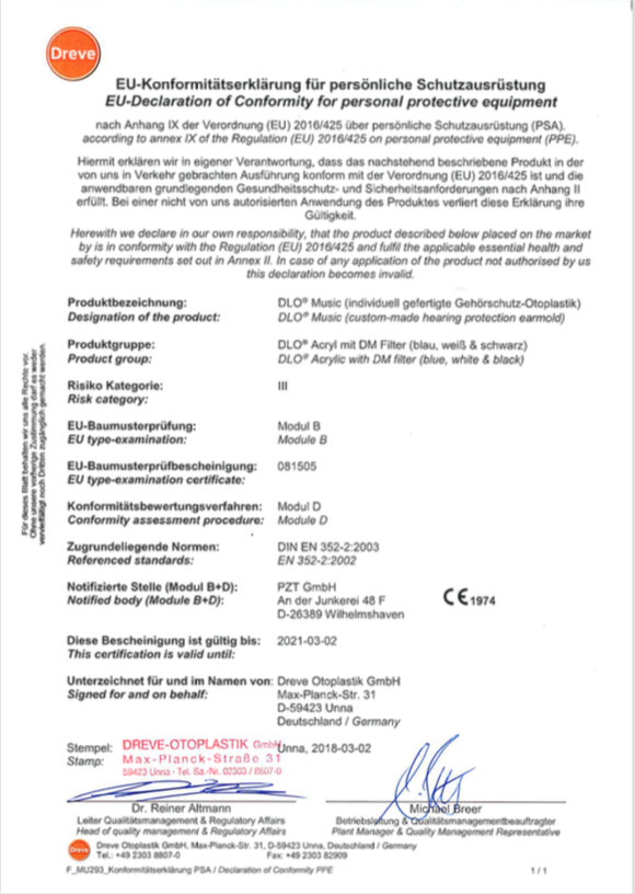 ForSec declaration of conformity for DM Filter earmould