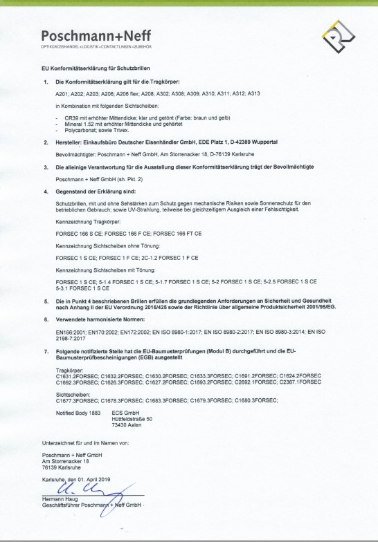 ForSec Schutzbrillen Konformitätserklärung ForSec declarations of conformity for plastic corrective glass